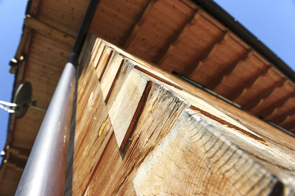 Detailaufnahme einer Blockbohlenfassade mit Dachuntersicht © Brunthaler Naturhausmanufaktur