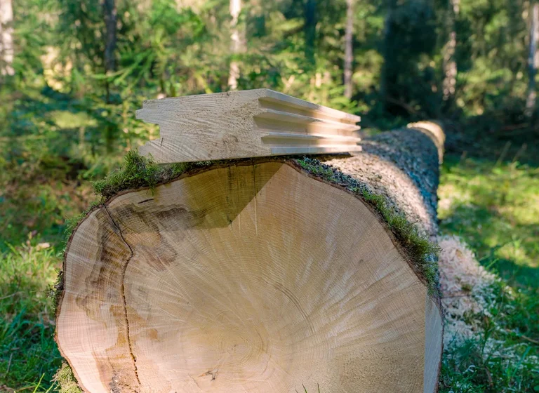 Der formgeschnittene naturmassive Balken MONOBLOCK der Brunthaler Naturhausmanufaktur liegt auf einer gefällten großen Fichte in einem grünen Waldstück. Sonnenlicht erhellt Teile der Szenerie. © Brunthaler Naturhausmanufaktur