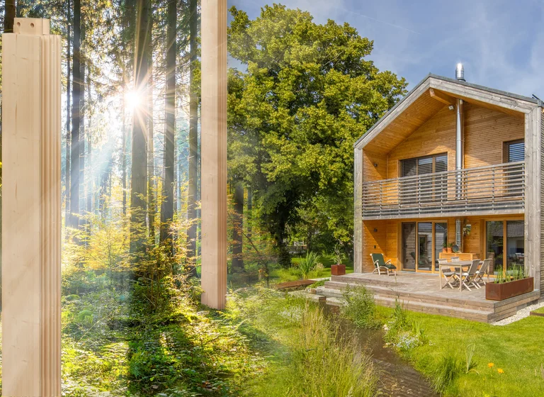 Auf der rechten Seite des Bildes sieht man ein modernes Holzhaus mit horizontaler unbehandelter Holzfassade mit leichter Vergrauung. Das Grundstück mit Bach, großem Baum im Hintergrund und natürlicher Bepflanzung geht über in einen Wald mit vielen Bäumen, zwischen deren Ästen die Sonne durchscheint. Zwischen den Bäumen sind aufrecht stehende MONOBLOCK-Balken, die natürlich wie die Bäume aus dem Boden sprießen. © Brunthaler Naturhausmanufaktur