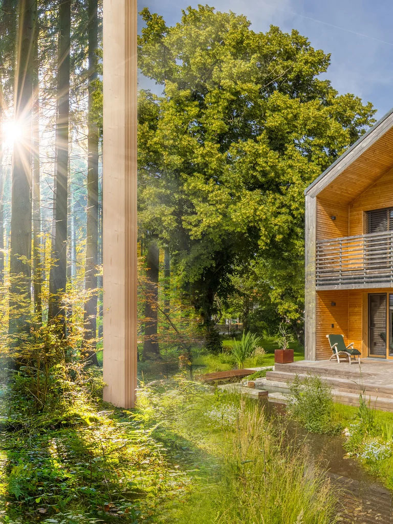 Auf der rechten Seite des Bildes sieht man ein modernes Holzhaus mit horizontaler unbehandelter Holzfassade mit leichter Vergrauung. Das Grundstück mit Bach, großem Baum im Hintergrund und natürlicher Bepflanzung geht über in einen Wald mit vielen Bäumen, zwischen deren Ästen die Sonne durchscheint. Zwischen den Bäumen sind aufrecht stehende MONOBLOCK-Balken, die natürlich wie die Bäume aus dem Boden sprießen. © Brunthaler Naturhausmanufaktur